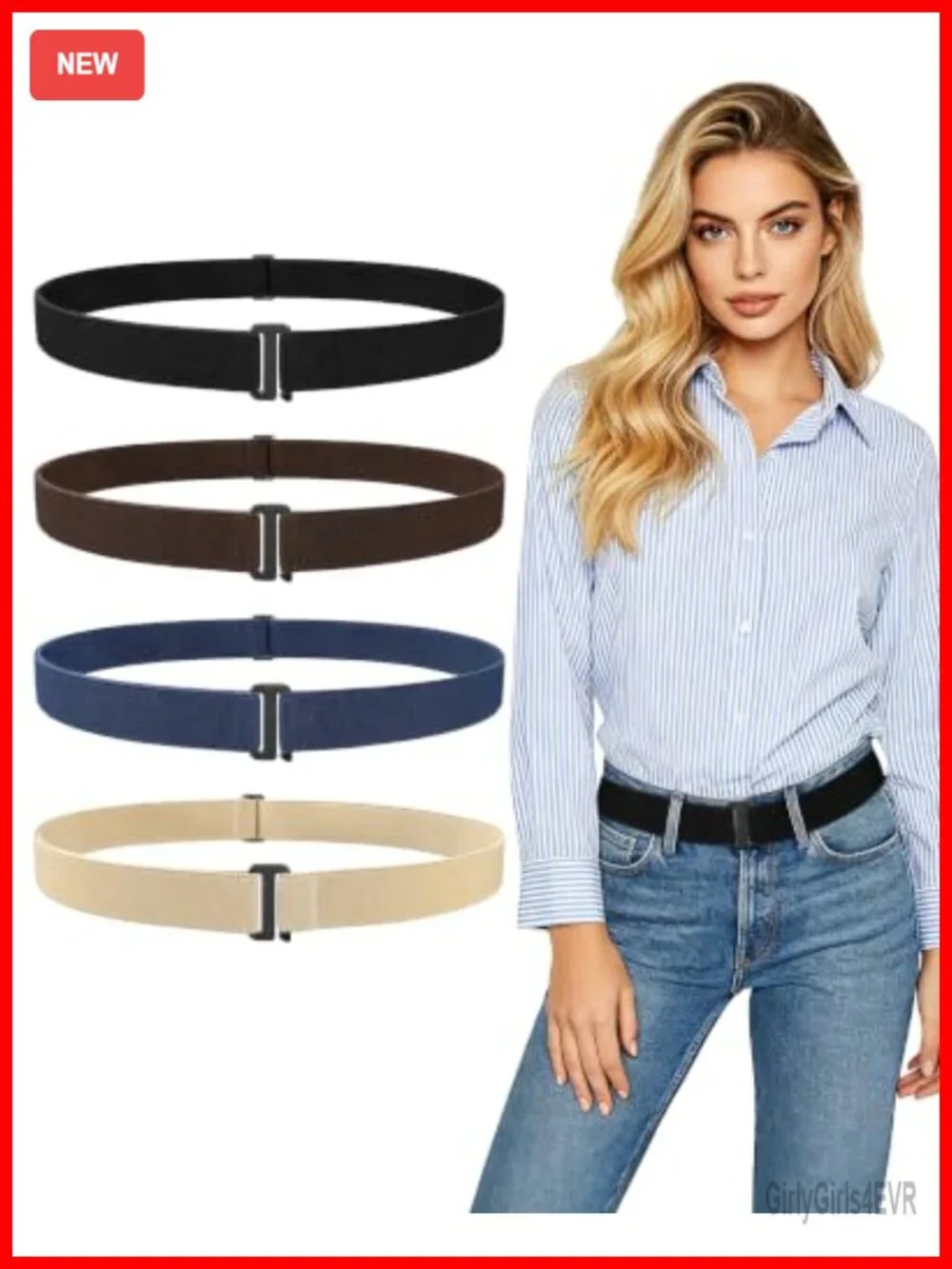 4 Pack No Show Elastic Belts for Women Invisible Stretch Belt with Flat Buckle